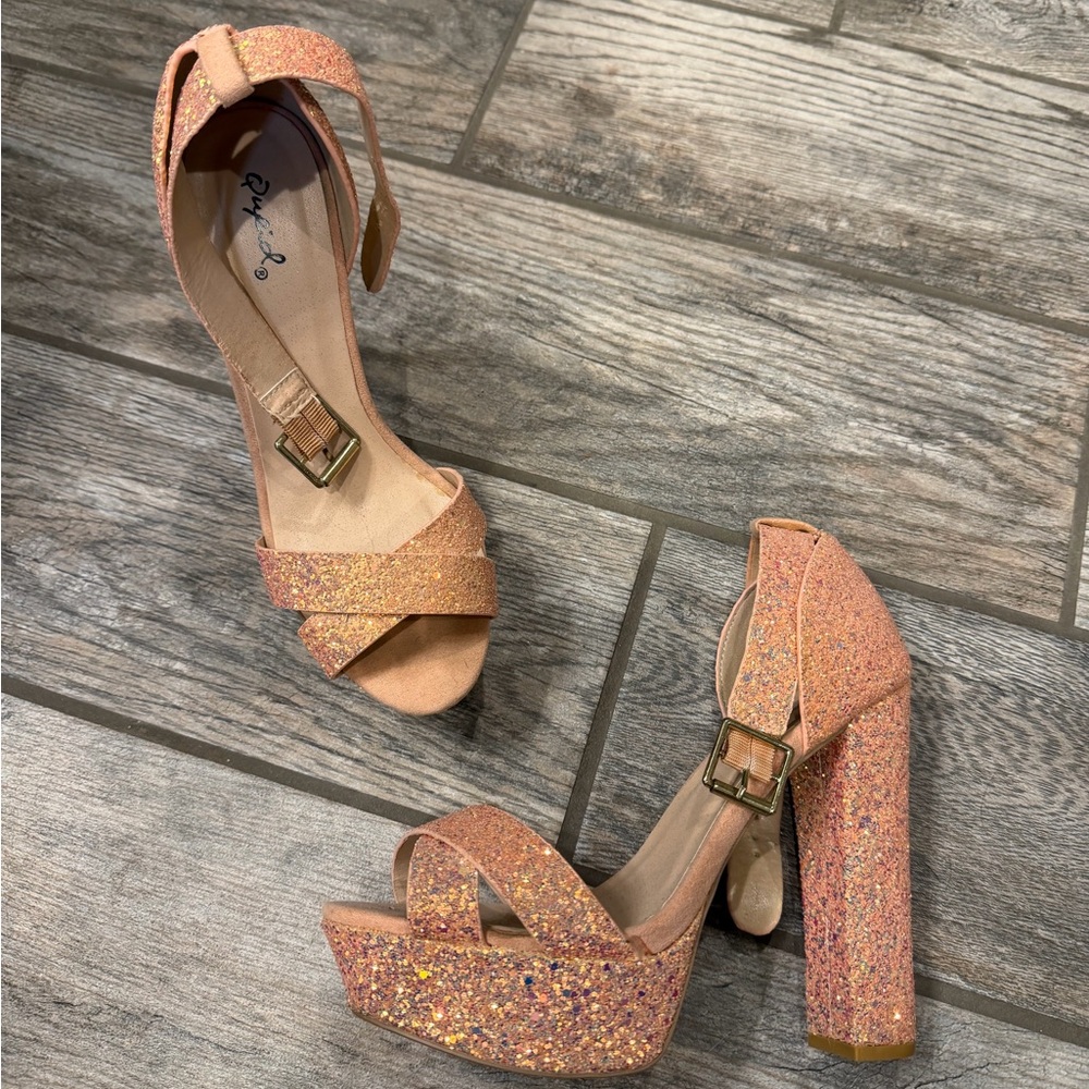 Qupid Pink Glitter Platform Heels